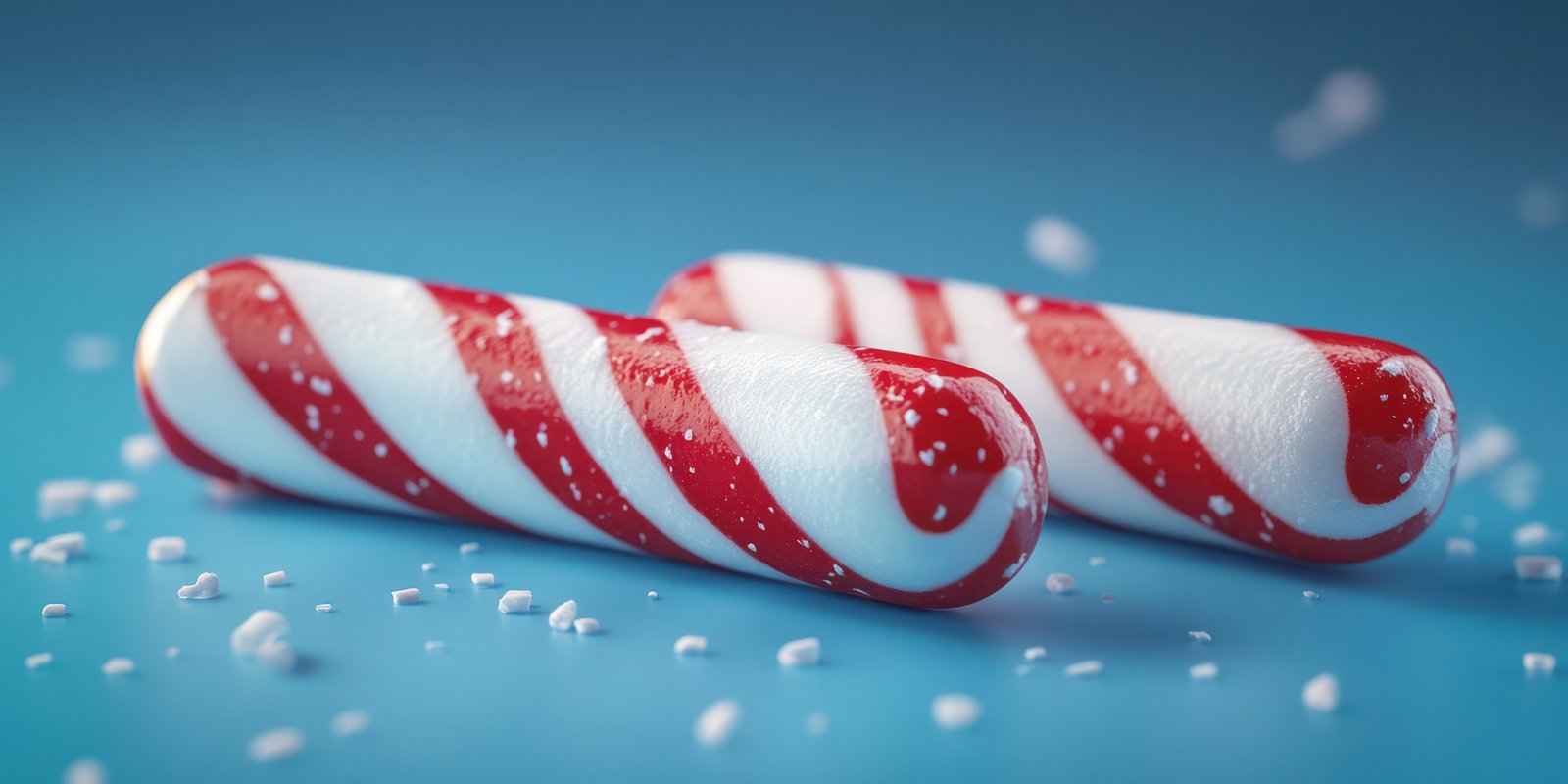 Bright red and white striped candies on a blue background create a festive atmosphere for the holidays